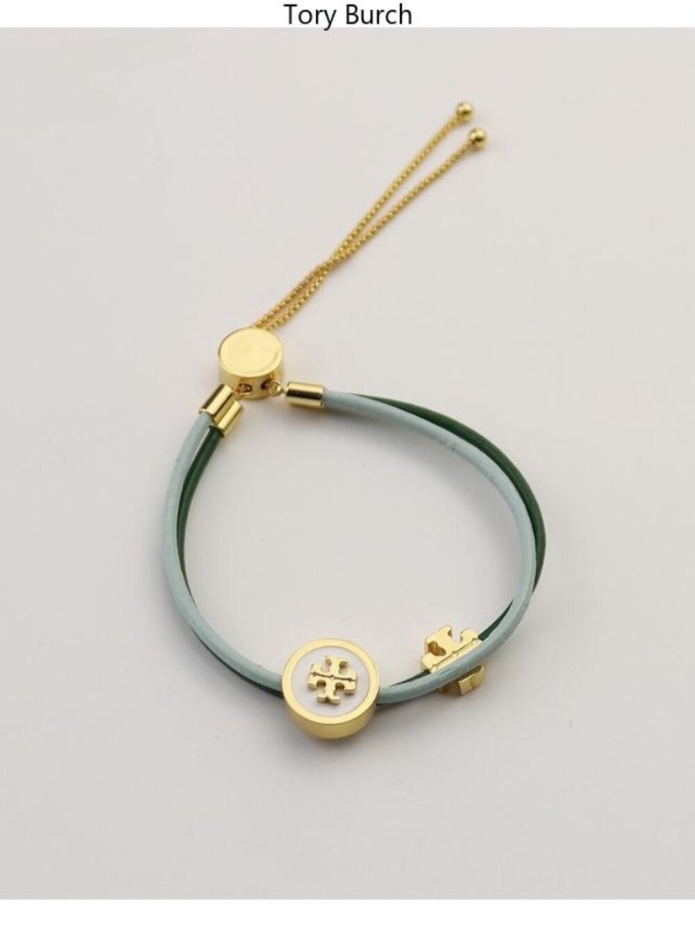Tory Burch Mint and Dark Green Leather Logo Slider Bracelet with Gold Hardware